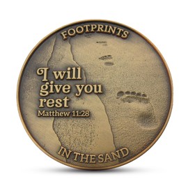 Footprints in the Sand Coin Pack of 1 - Matthew 11:28 I Will Give You Rest - 1.75" Antique Gold Color Plated Christian Challenge Coin - Scripture Pocket Token - Bible Verse Gifts for Prayer & Peace