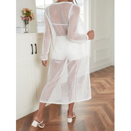 Verdusa Women's Sheer Self Tie Front Long Sleeve Lightweight Knit Cardigan Long Outerwear, White, Large