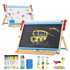 FUNLIO Double-Sided Tabletop Easel for Kids Ages 3+ (100+ Pcs), Wooden Magnetic Table Easel with 3 Adjustable Angles, Kids Easel with Whiteboard, Chalkboard & Paper Roll, Foldable&Anti-Warping - Pink