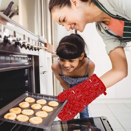 Heat Resistant Oven Gloves Set 1 Thick Cotton Oven Mitts with 2 Placemat Pot Holders Long Cuffs Baking Gloves for Kitchen, Cooking, Barbeque 3 Pieces (Red)