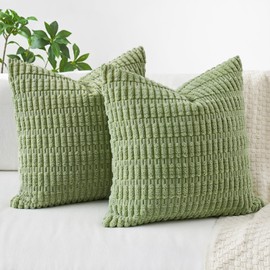 MIULEE Pack of 2 Corduroy Striped Cushion Covers Green Square Pillowcases 45x45 cm 18x18 inch Throw Pillow Covers for Living Room Sofa Bedroom Boho Home Decor