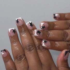 MERVF Square Press on Nails Short Fake Nail White Black French Tip Glue ons Star Y2K Design Acrylic Nails Squoval Supplies Goth Art Manicure 24pcs Glossy