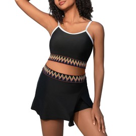 MOMOOD Maternity Swimsuit Bikini Set Two Piece Pregnancy Bathing Suit High Waisted Maternity Swimwear Color Block Swim Skirts with Built-in Shorts Black S