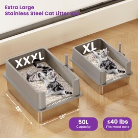 【No Sifting】 Tiuubt XXXL Stainless Steel Litter Box for Cats, 28''x20''x12'' Extra Large Metal Litter Box with High Sided Lid, for Big Cats, Multi-Cat Household, Non-Sticky & Easy to Clean