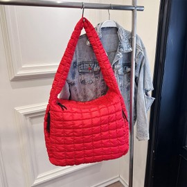 Extolove Quilted Tote Bag, Large Lightweight Quilted Bag Puffer Tote Bag Trendy Puffy Purse Hobo Bags for Women, Red, Large