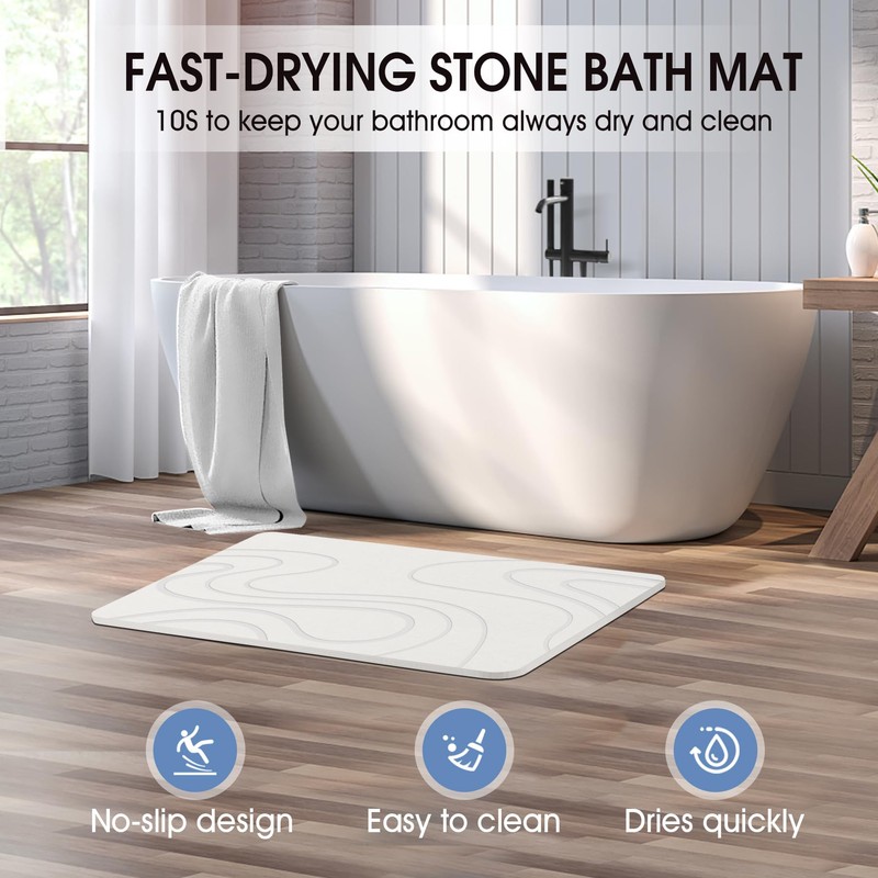 Stone Bath Mat, Diatomaceous Earth Bath Mat, Shower Mat White