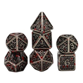 Seven Seas Pirates Antique Silver Metal Dice Set Splattered with Blood-Like Paint, Encased in a Six-Sided Wooden Display Box with Magnetic Lid