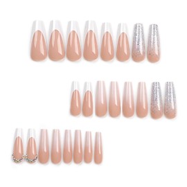ANDGING French Tip Press on Nails Coffin White Long Fake Nails with Bling Designs Gel Glitter Manicure Glue on Nails for Women Fantasy Stick on Nails for Wedding Full Cover False Nails 24 Pcs