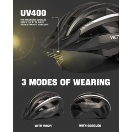 VICTGOAL Bike Helmet for Men Women with Led Light Detachable Magnetic Goggles Removable Sun Visor Mountain & Road Bicycle Helmets Adjustable Size Adult Cycling Helmets (M: 54-58 cm, Ti)