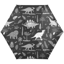 Seamless Dinosaurs with Palm Leaves Black White Pattern Small Mini Anti-UV Compact Travel Umbrella, 5 Folding Ultra-Light Umbrella, 6 Ribs Pocket Windproof Foldable Vinyl Parasol