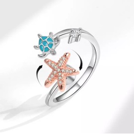 Unbranded White Gold Plated Spinning Starfish & Turtle CZ Anxiety Silver Open Ring PE63