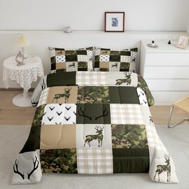 Homewish Camouflage Comforter Set Twin Size Woodland Camo Quilt Set Green and Beige Plaid Print Bedding Set 2pcs for Kids Boys Teens Room Decor, Animal Deer Antlers Duvet Insert with 1 Pillowcase