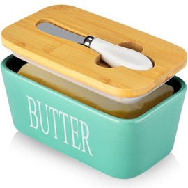 Butter Dish with Lid for Countertop, Large Butter Dish, Ceramics Butter Keeper Container with Knife and High-Quality Silicone Sealing Butter Dishes with Covers Good Kitchen Gift Turquoise