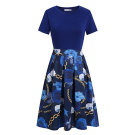 Women's Elegant Vintage Cotton Casual Floral Print Work Party A-Line Swing Dress with Pockets 838 (S, Royal Floral)