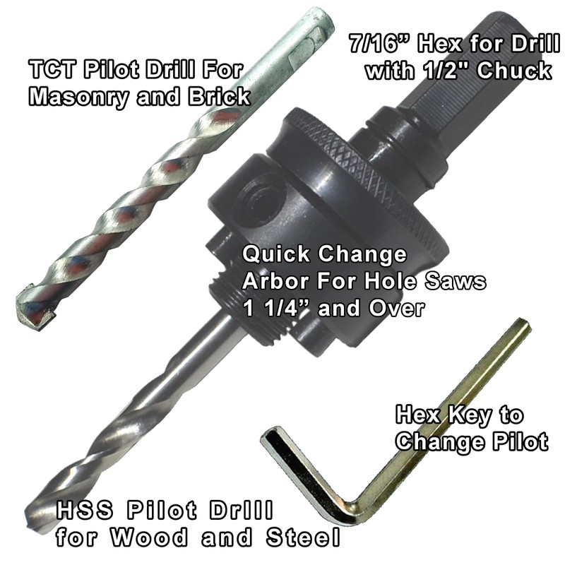 Quick Change Hole Saw Arbor with TCT Pilot Drill for