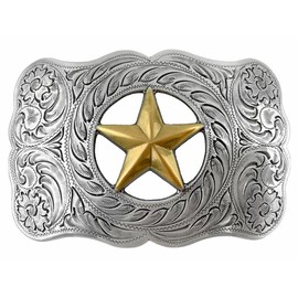 H8459 Western Cowboy Star Gold and sterling silver engraved Belt Buckle Fits 1-1/2"(38mm) Belt (Antique Silver Gold)