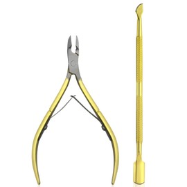 XINMEIWEN 2Pieces Cuticle Trimmer Cuticle Nipper Cuticle Remover Cuticle Cutter with Cuticle Pusher Stainless Steel Cuticle Cutter Clipper Nail Tools for Fingernails and Toenails (Gold)