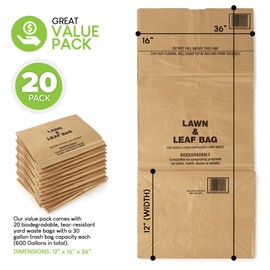 30 Gallon Kraft Lawn and Leaf Bags (20 Pack) Eco-Friendly Heavy Duty Large Paper Trash Bags, Tear Resistant Yard Waste Bags for Grass Clippings, Wet and Dry Leaves, Weeds, Twigs