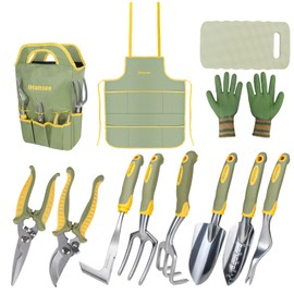 Set of 12 Garden Tool, iHansee Heavy-Duty Aluminum Gardening Hand Tools with Rubber Non-Slip Handle, Garden Apron, Gloves, Kneeling Pad and Storage Bag, Garden Hand Tools Starter Kit Landscaping Tools