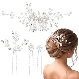 MELLIEX 4 Pieces Wedding Hair Accessories, Crystal Beads, Bridal Hair Comb, U-shaped Bridal Hair Pins for Women Girls, Silver