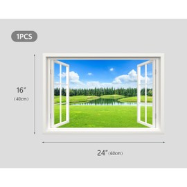 Fake Window Wall Decal - Nature Lake Scene Faux Window Wall Mural for Home Decor, Peel and Stick Wall Sticker, 24" x 16"