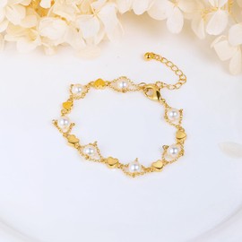 Gold Heart Bracelets for Women Valentines | Dainty Fashion Pearls Bracelet | Adjustable Wedding Bracelet Hypoallergenic, Large, Yellow Gold Copper Brass, creative pearl