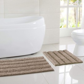NICETOWN Taupe Bathroom Rugs and Mats Sets, Bath Mats, Slip-Resistant Absorbent Soft Comfortable and Fluffy Chenille Toilet Rugs, Floor Mats Dry Fast, Machine Washable (Set of 2-20" x 32"/47" x 24")
