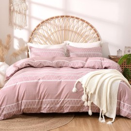 Lekesky Pink Single Duvet Cover Set 2pcs Boho Style Bedding Sets, Soft Microfibre Pink Single Duvet Cover with Matching Pillowcase Zip Closure Easy Care Single 135x200cm (Pink, Striped)