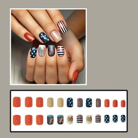 ONPRESS 24Pcs Independent Day Press on Nails Short Square Fake Nails with Red Blue Line Design 4th of July Star Firework Glue on Nails American Flag Acrylic False Nails for Manicure DIY