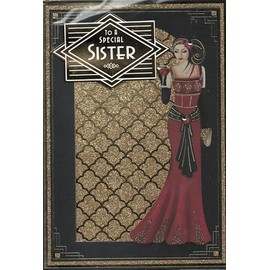 Art Deco Sister Birthday Card, Large 25.4 x 17.8 cm, Glitter Design with Vintage Fashion Illustration