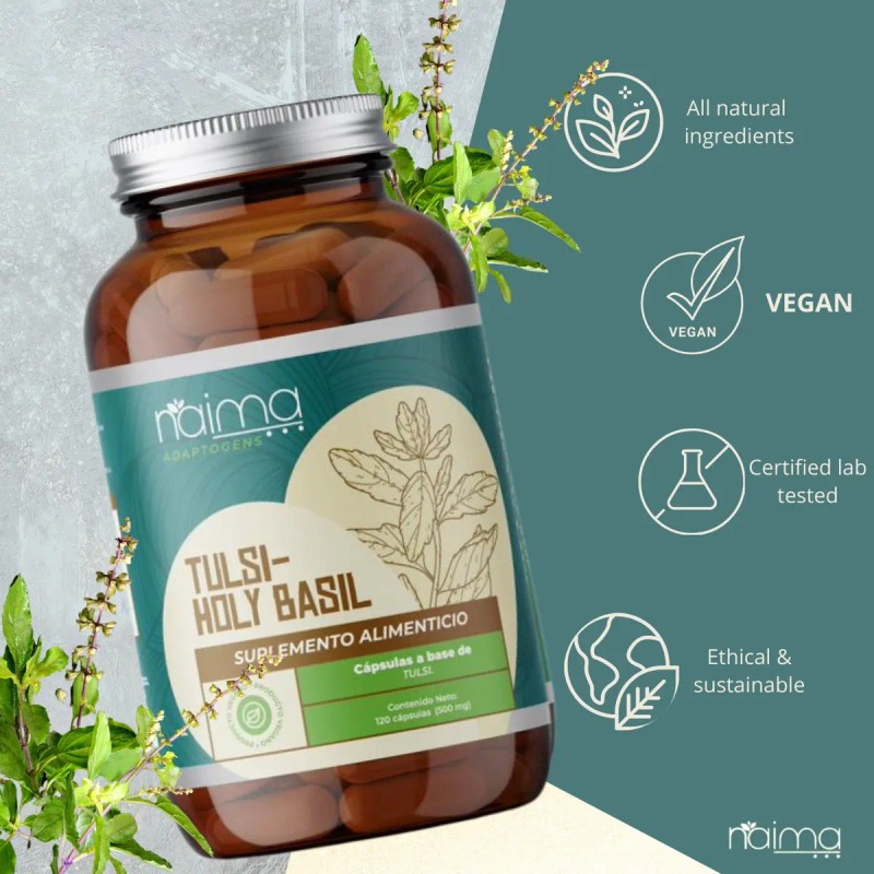 Tulsi Adaptógeno 120 Cápsulas Suplemento Natural Vegano