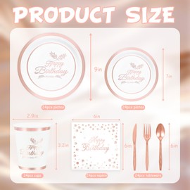 120PCS Happy Birthday Paper Plates Birthday Paper Plates Set with Napkins Forks Birthday Plates and Napkins Party Supplies for Boys Girls Decorations Family Friends Birthday Parties (rose gold)