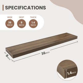 Acovy 36 Inch Floating Shelves, 8 Inch Deep Floating Shelves for Wall, Hanging Shelf with Invisible Brackets, Deep Shelves for Bathroom, Bedroom, Living Room, Walnut, Set of 2