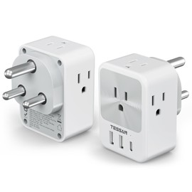 US to India Plug Adapter 2 Pack, TESSAN Type D Travel Adapter with 4 AC Outlets 3 USB Ports (1 USB C), 7 in 1 Travel Plug Adaptor for USA to India Bangladesh Maldives Pakistan Sri Lanka