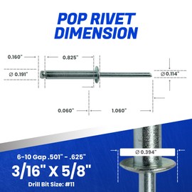 Fastenere Pop Rivets - 3/16" x 5/8" (50 pcs) Heavy Duty, Open-End, Low Carbon Steel, Dome-Head Blind Rivets, Corrosion-Resistant & High Shear Strength, 6-10 Gap 0.501"-0.625"