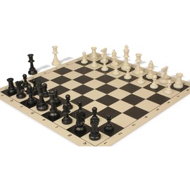 Standard Club Plastic Chess Set Black & Ivory Pieces with Vinyl Rollup Board - Black