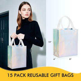 15 Pcs Iridescent Glossy Gift Bags Medium Size, 8x4x10 In Holographic Reusable Gift Bags with Handles & Sturdy Base, Ideal for Birthday, Wedding, Bachelorette, Party Favors, Holiday Goodie Bags