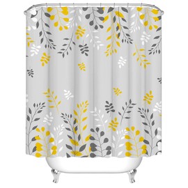 RnnJoile Grey and Yellow Shower Curtain Whimsical Leaf Shower Curtain for Bathroom Decor with Hooks 72"X72" Inches