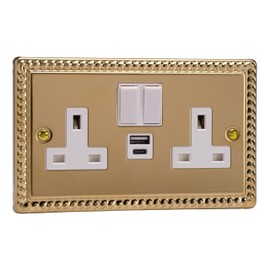 VARILIGHT | Georgian Brass | Classic | Double Socket with 20W Shared USB A & C Charging Ports | XG5UACW