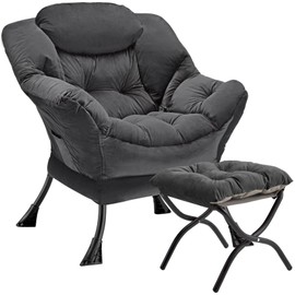 Congermom Lazy Chair with Folding Ottoman Modern Large Accent Chair,Contemporary Lounge Leisure Sofa Chair with Armrests Upholstered Sofa Armchair Reading Chair for Bedroom,Dorm & Office(Dark Grey-f)