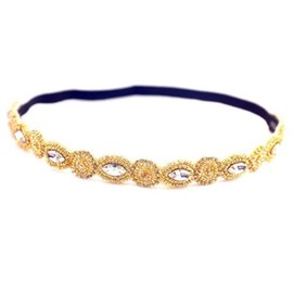Fashion Crystal Rhinestone Beads Headband, Retro Style Elastic Hairband Jewelry Hair Accessories Headwraps for Women Girls Brides (Gold, One size)