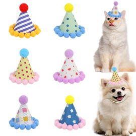 Paquete de 6 mini sombreros de fiesta para animales de peluche, mini sombreros de papel con pompones, disfraz de fiesta de cumpleaños para muñecas, pe