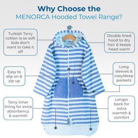 SAMMIMIS Kids Swim Cover Up for Girls & Boys - Hooded Kids Beach Towels - MENORCA - Terrycloth Zip Up Poncho Towels for Kids - Turkish Cotton - XL (10-12 Years), Royal Blue/White, XL (10-12 years)