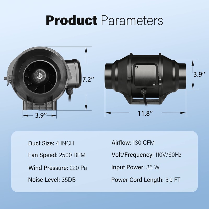 iPower 4 Inch 130 CFM Inline Duct Fan with Variable