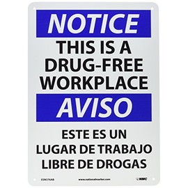 NMC ESN376AB Bilingual OSHA Sign, Legend "NOTICE - THIS IS A DRUG-FREE WORKPLACE", 14" Length x 10" Height, 0.040 Aluminum, Black/Blue on White