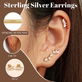 JeweBella 3 Pairs Sterling Silver Stud Earrings Set for Women 14K Gold Plated Small Stud Earrings Silver Gold Stackable Dainty Flat Back Earrings for Conch Cartilage Tragus Helix Piercing