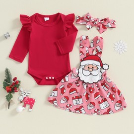 Siyova Newborn Baby Girl Christmas Outfit Long Sleeve Romper+Suspender Dress+Headband Toddler 3 Piece Skirt Set Cute Fall Winter Clothes (Red Pink, 3-6 Months)