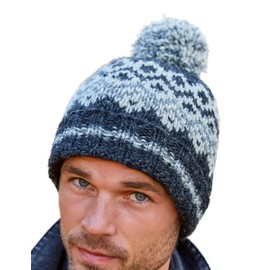 Pachamama Men Wool Beanie Bobble Hat Fleece Lined Handknitted Contemporary Fairisle One-Size Handmade Extra Warm Fair Trade (Wool, Charcoal)