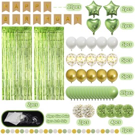 ZERODECO Birthday Decoration Green, Pompoms Happy Birthday Banner Glitter Curtain Balloons Retro Green Gold Avocado Green Children's Birthday Party for Girls Boys Men Women Birthday Party Decoration