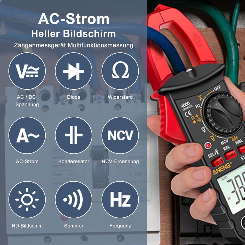 Digital Current Clamp AC DC Multimeter: True-RMS 4000 Counts Ammeter